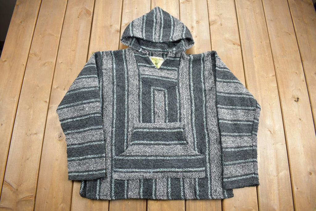 Vintage 1990s Iguana Jack Hooded Pullover Striped Knit Poncho Blanket Hoodie