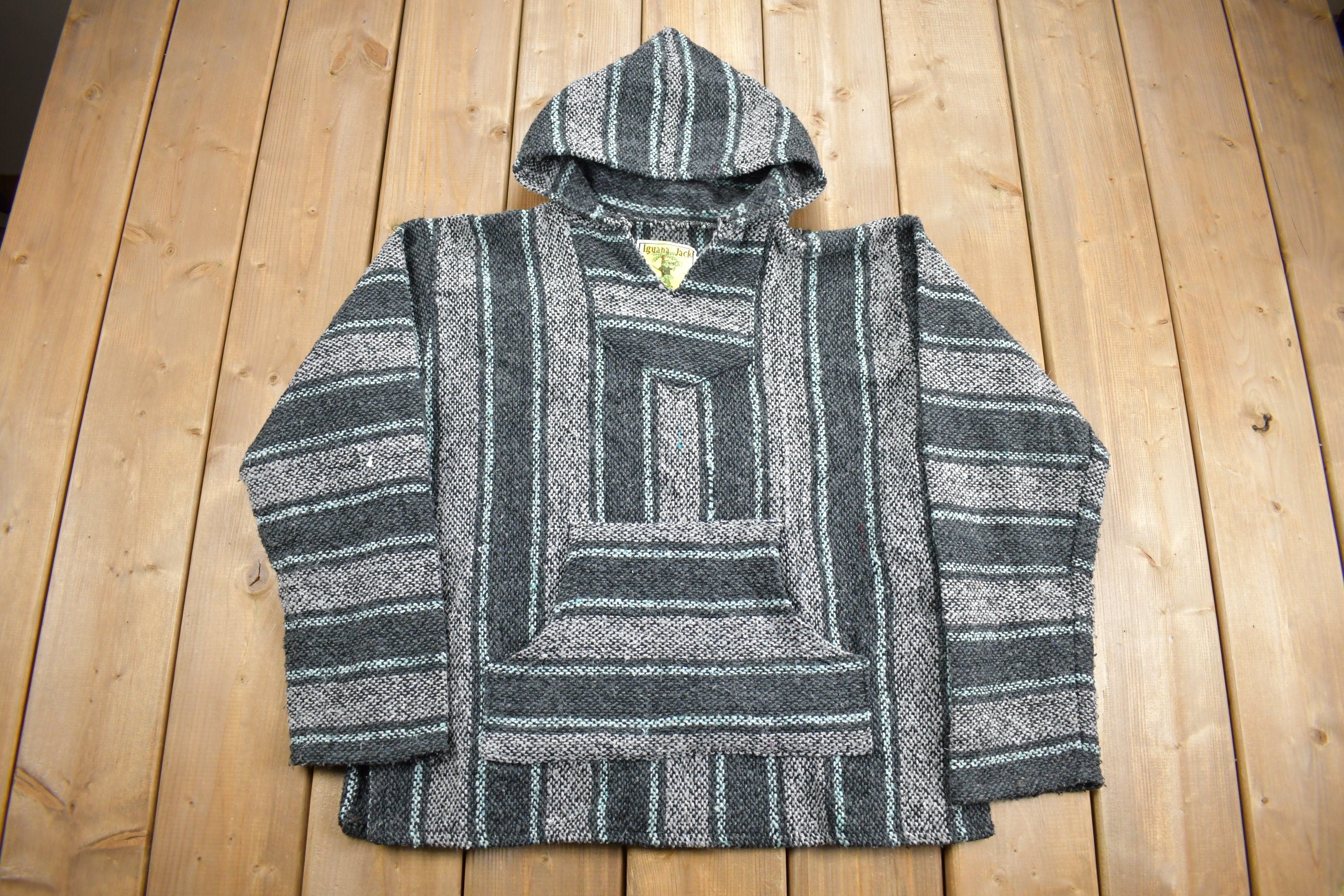 Vintage 1990s Iguana Jack Hooded Pullover Striped Knit Poncho Blanket Hoodie