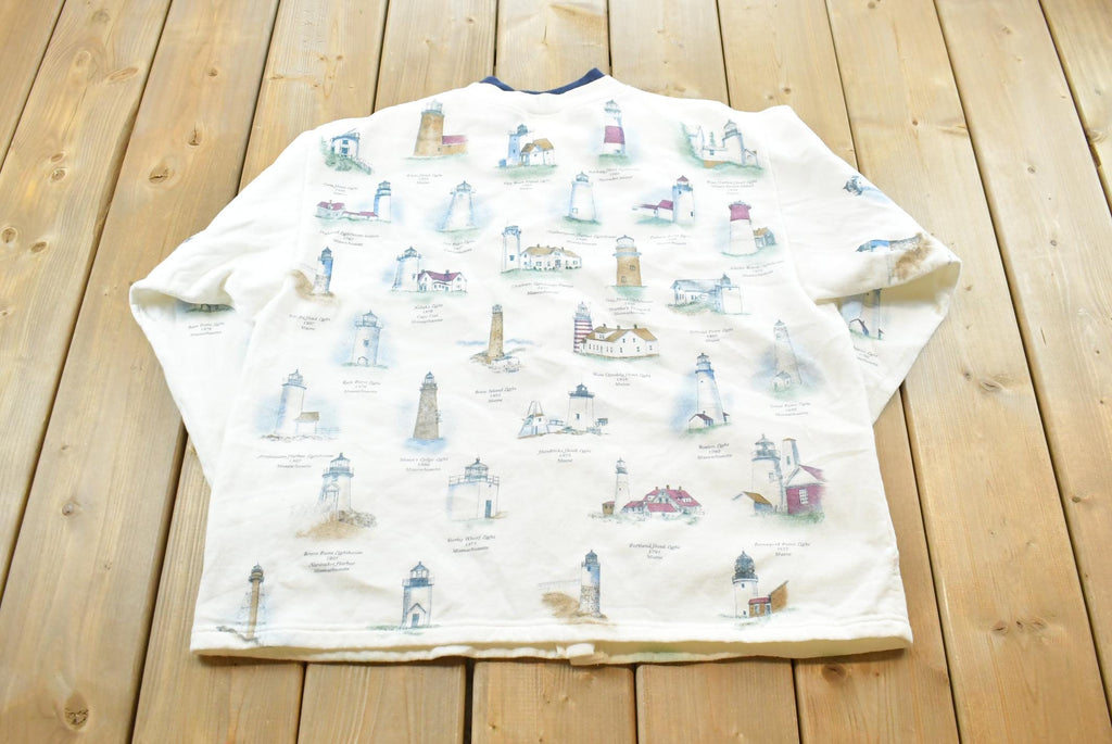 Vintage 1990s Artisans Lighthouse Print Cardigan Sweater Mens L /