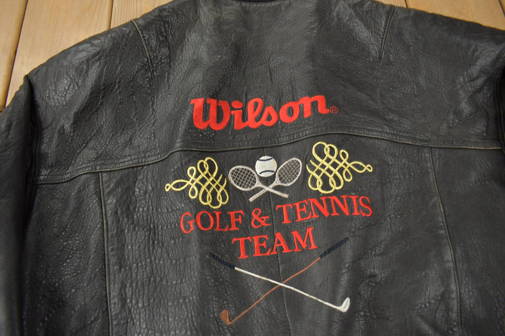 Vintage 1990s Wilson Golf & Tennis Team Embroidered Leather Bomber Jacket Size 46