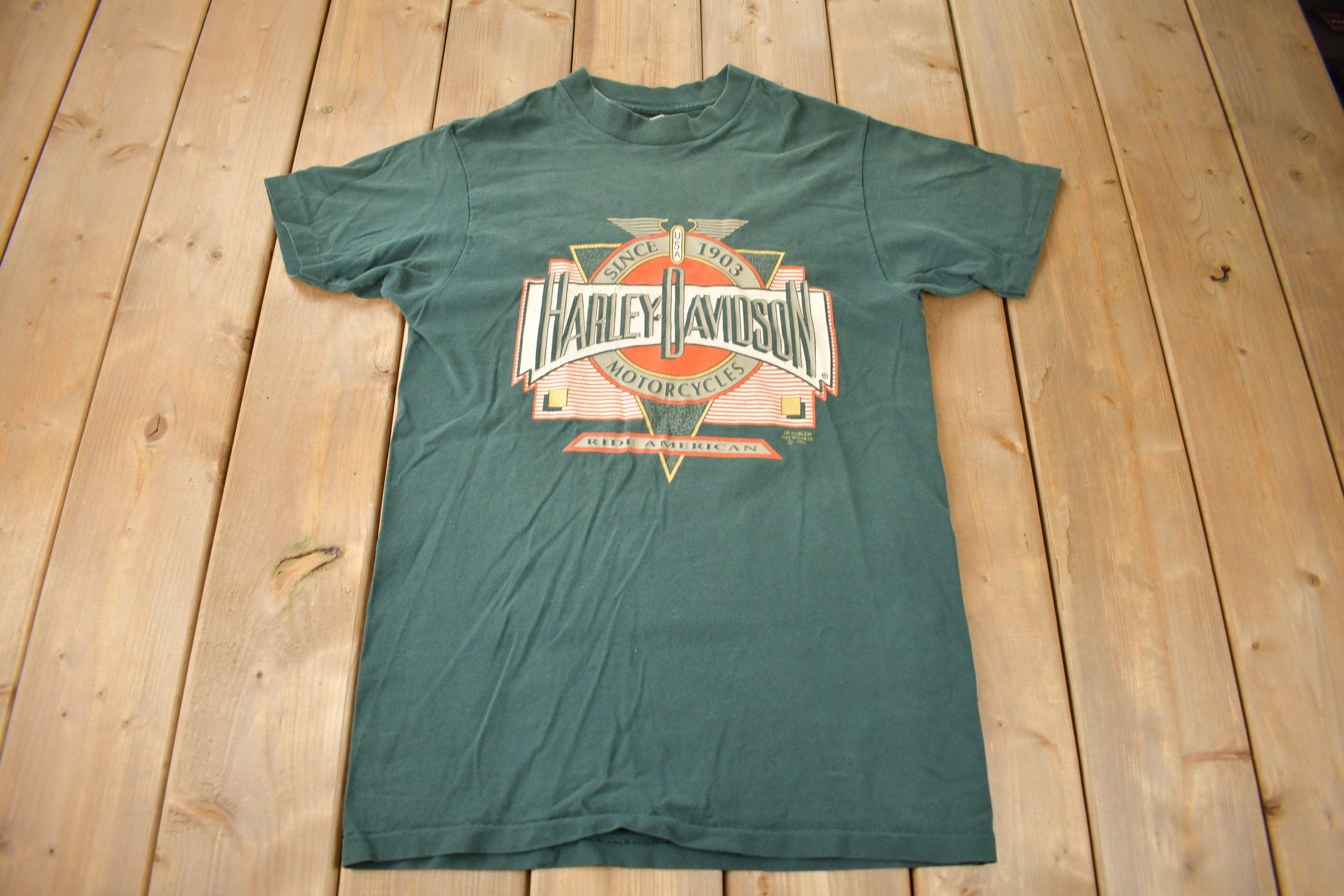 Vintage 1991 Harley Davidson Ride American Single Stitch 3D Emblem T-Shirt Made In USA