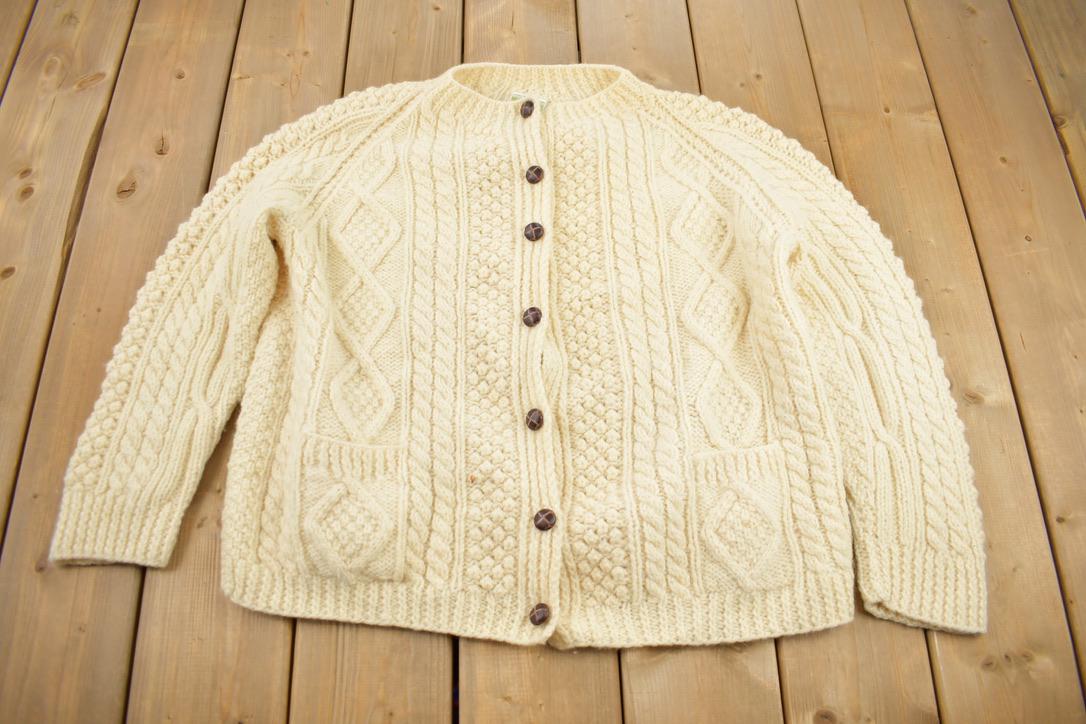 Vintage 1980s Kennedy Of Ardara 100% Wool Cable Knit Cardigan Sweater