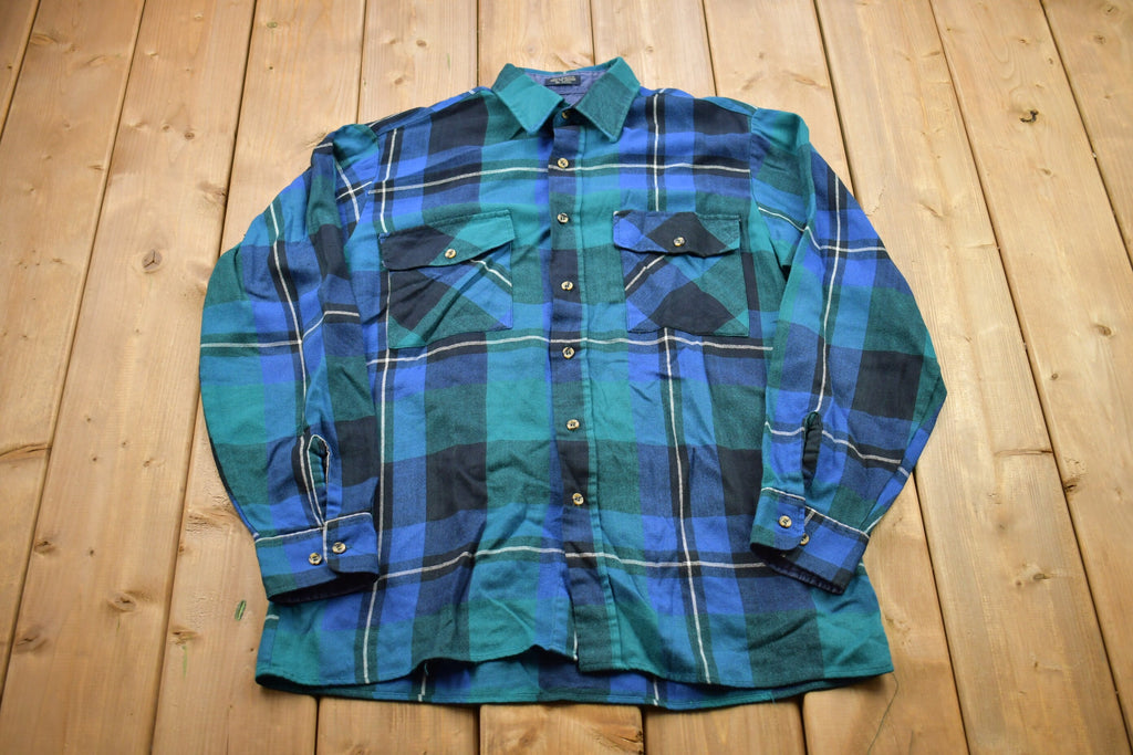 Vintage 1990s Blue And Green Plaid Flannel Button Up Shirt
