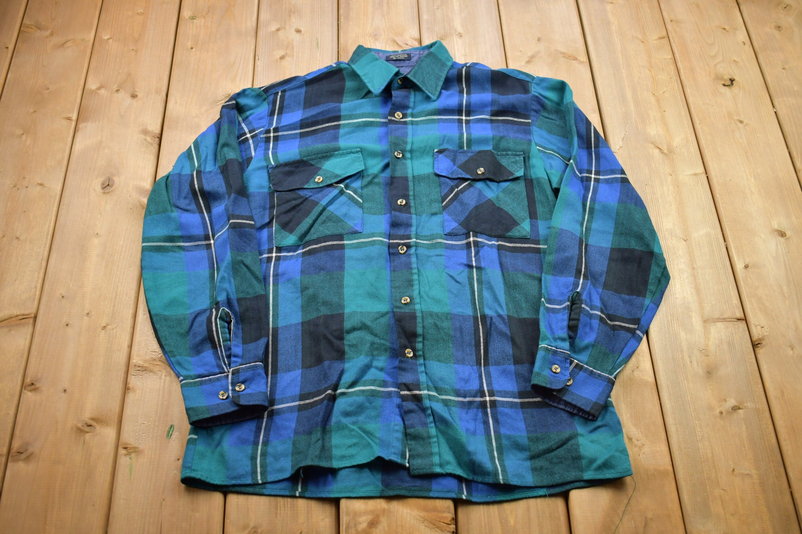 Vintage 1990s Blue And Green Plaid Flannel Button Up Shirt