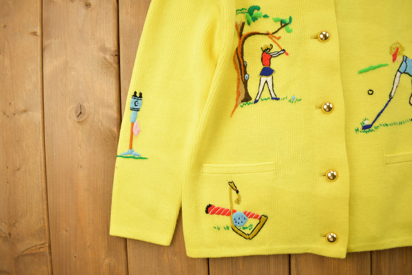 Vintage 1980s Croquet Theme Knitted Patchwork Button Up Sweater / Vintage Cardigan / Button Up / Abstract Pattern / Embroidered