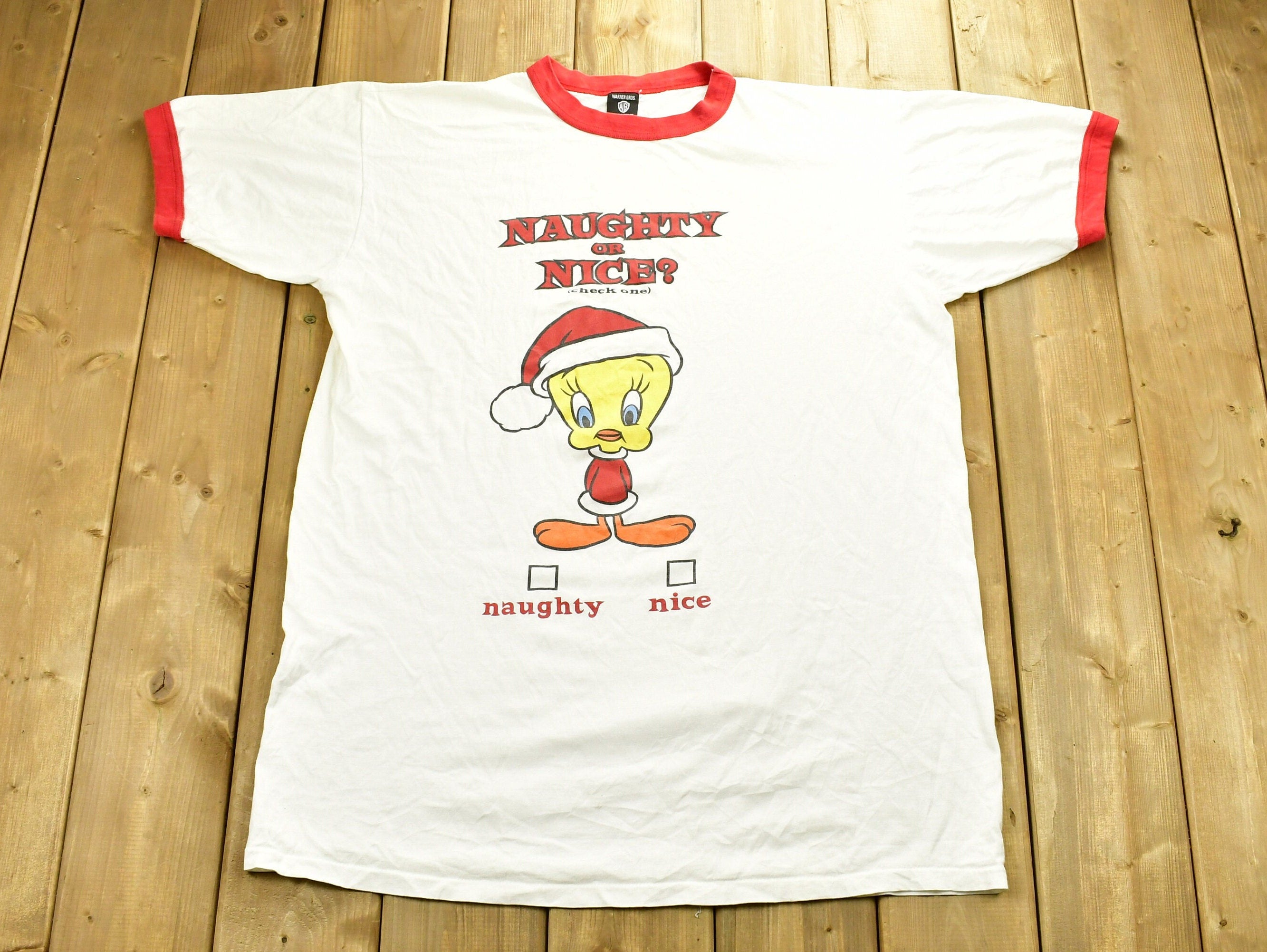 Vintage 1996 Tweety Bird Christmas T-Shirt , Made In USA , Warner Bros , Cartoon Network , Cartoonist , Ringer Tee