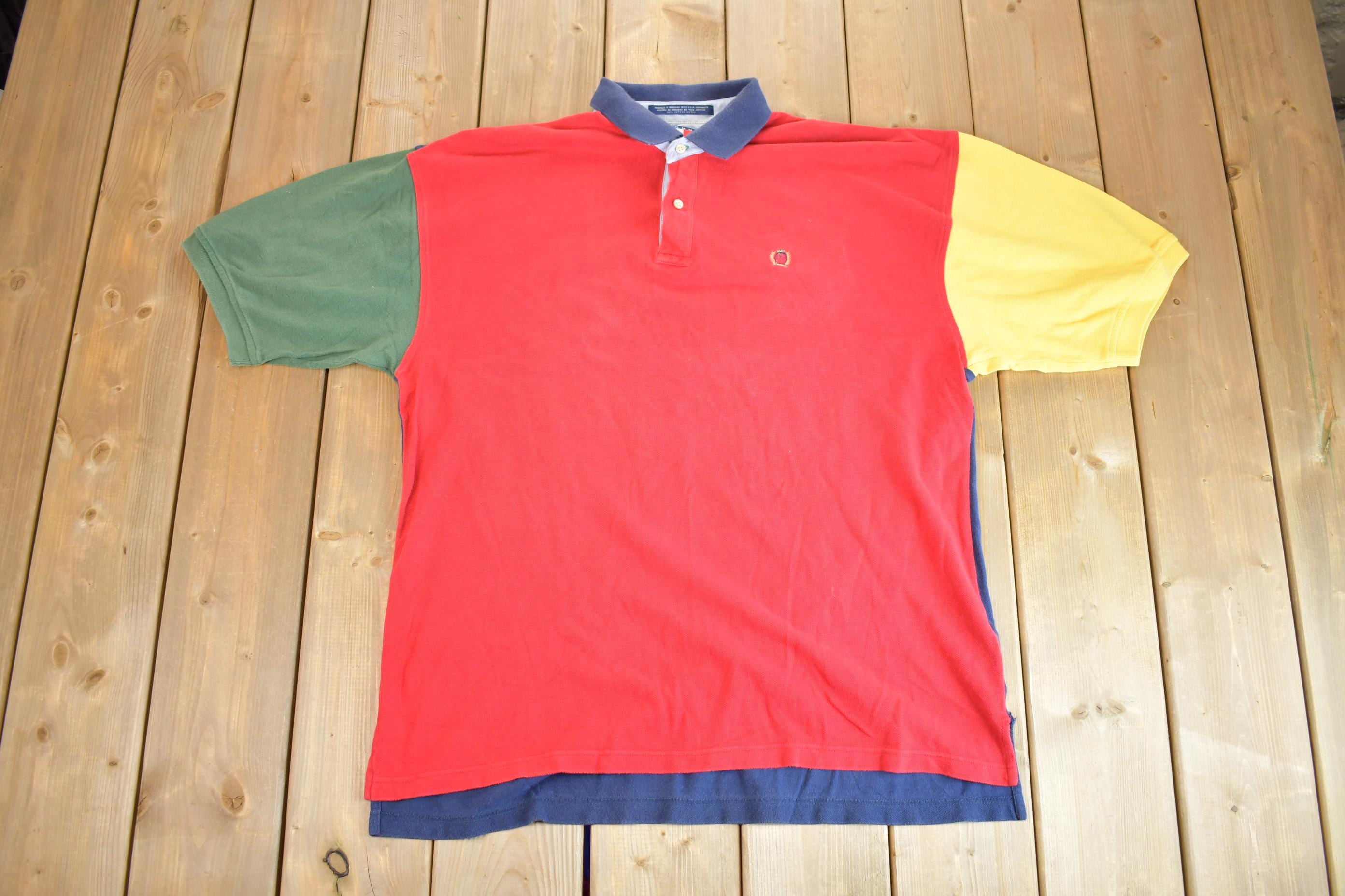 Vintage 1990s Tommy Hilfiger Color Block Short Sleeve Preppy Quarter Button Up