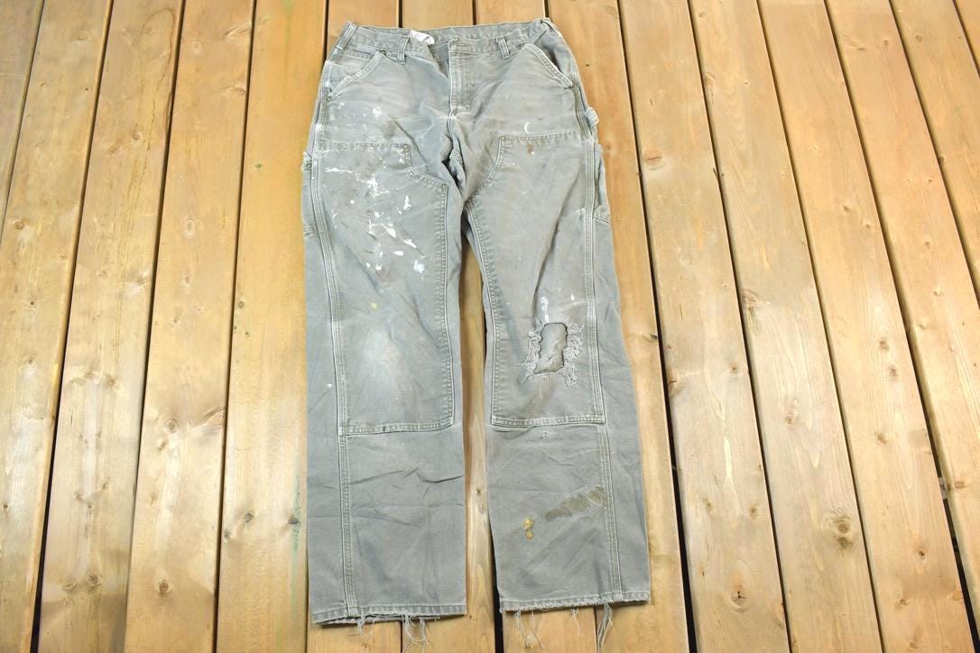 Vintage 1990s Carhartt Double Knee Olive Grey Denim Riveted Work Pants Size 33 x 34