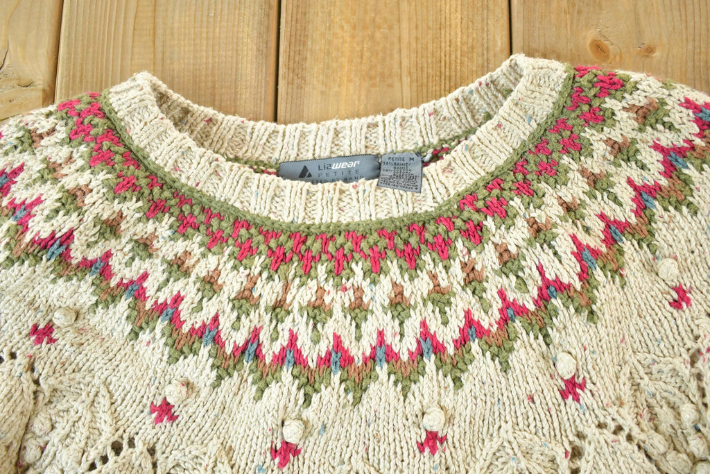 Vintage 1990s Liz Wear Petite Knitted By Hand Abstract Pattern Crewneck Sweater Womens M