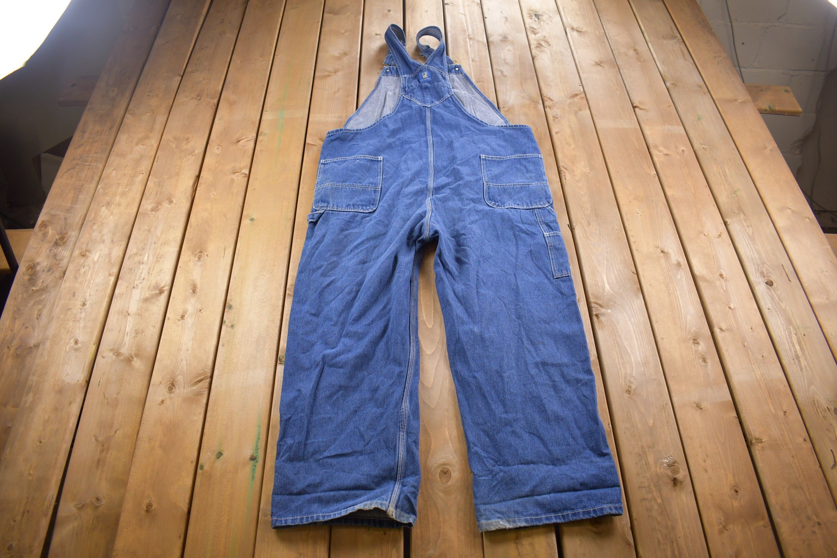 Vintage 1990s Real Work Wear Blue Denim Jean Overalls Size 46 Waist 27 Inch Inseam