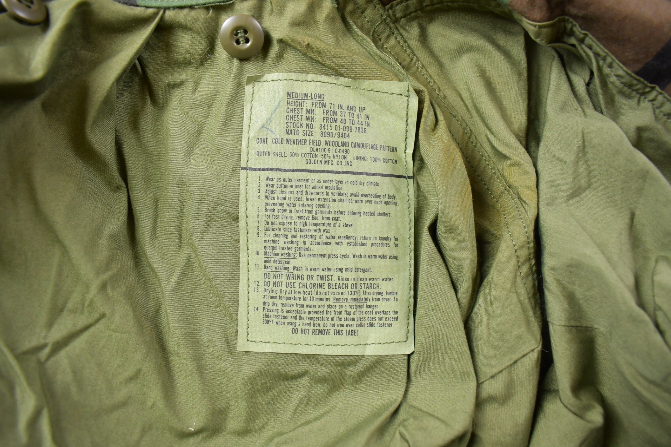 Vintage 1991 Military Woodland Camouflage Cold Weather Field Jacket