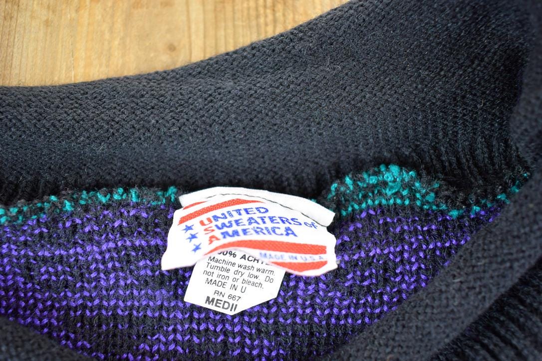 Vintage 1990s United Sweaters Of America Knit Abstract Pattern Crewneck Sweater Mens L  Made In USA  90s Crewneck  Preppy Knits