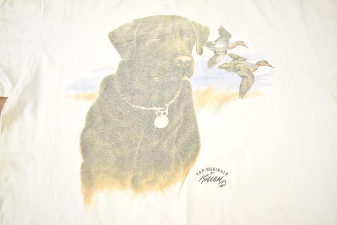 Vintage 1990s TSF Originals Hanes Dog Ducks Oil Painting Theme Single Stitch Graphic T-Shirt Made In USA