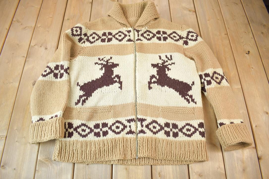 Vintage 1940s Hand-Knit Deer Cowichan Sweater