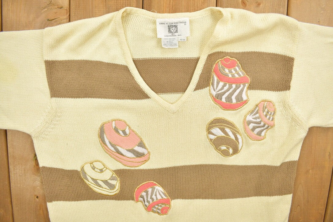 Vintage 1980s Anne Klein Embroidered Striped Knit V-Neck Sweater