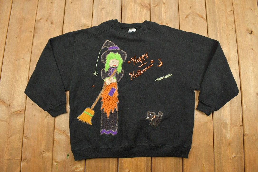Vintage 1990s Witch Printed Graphic Crewneck Sweatshirt