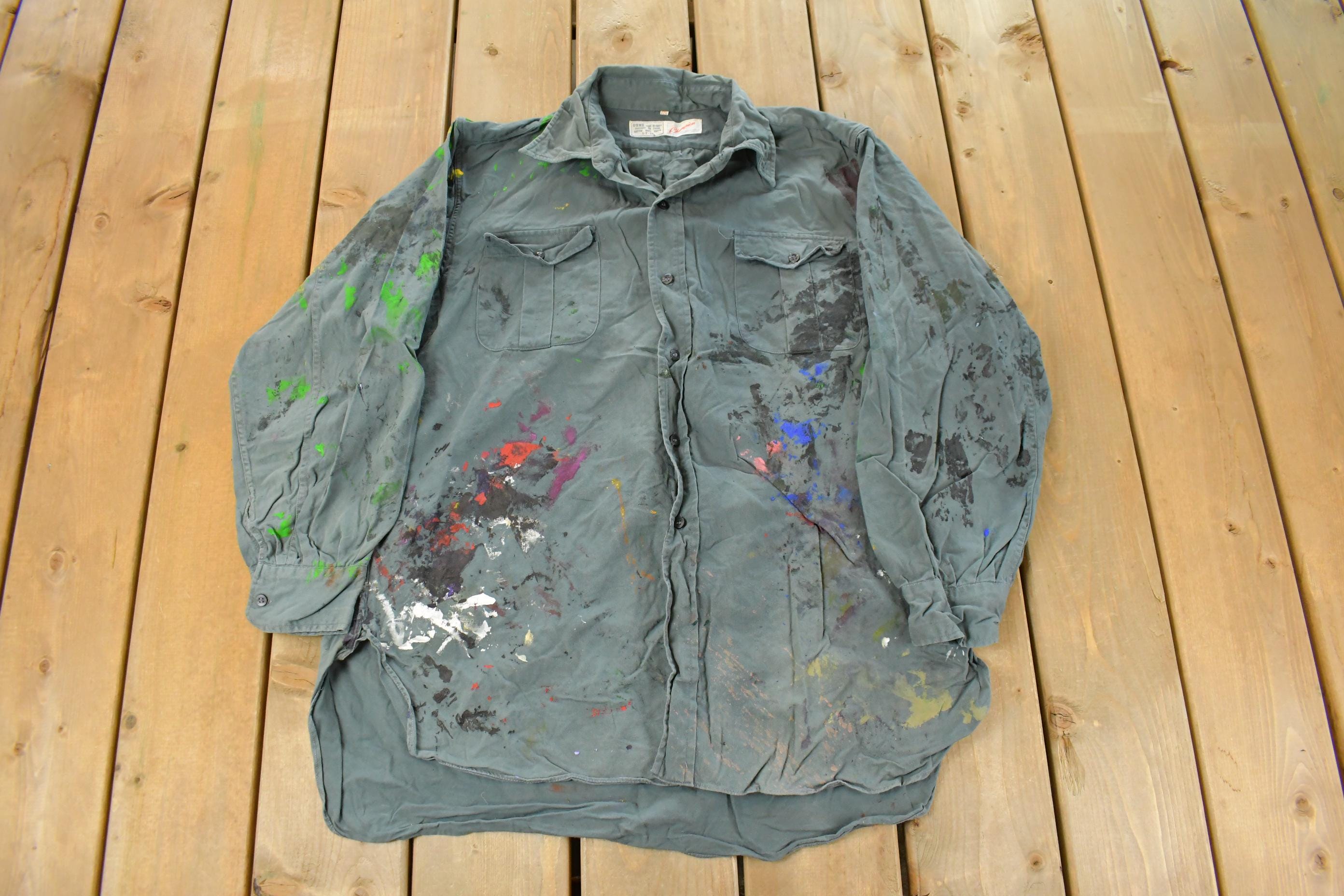 Vintage 1960s Champion Paint Splatter Button Up Shirt Men's Large /