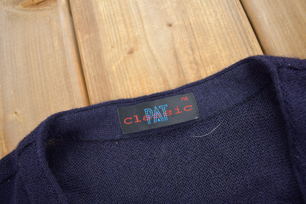 Vintage 1990s Pat Classic Rhino Embroidered Cardigan Sweater / Vintage Cardigan / Button Up / Navy Blue
