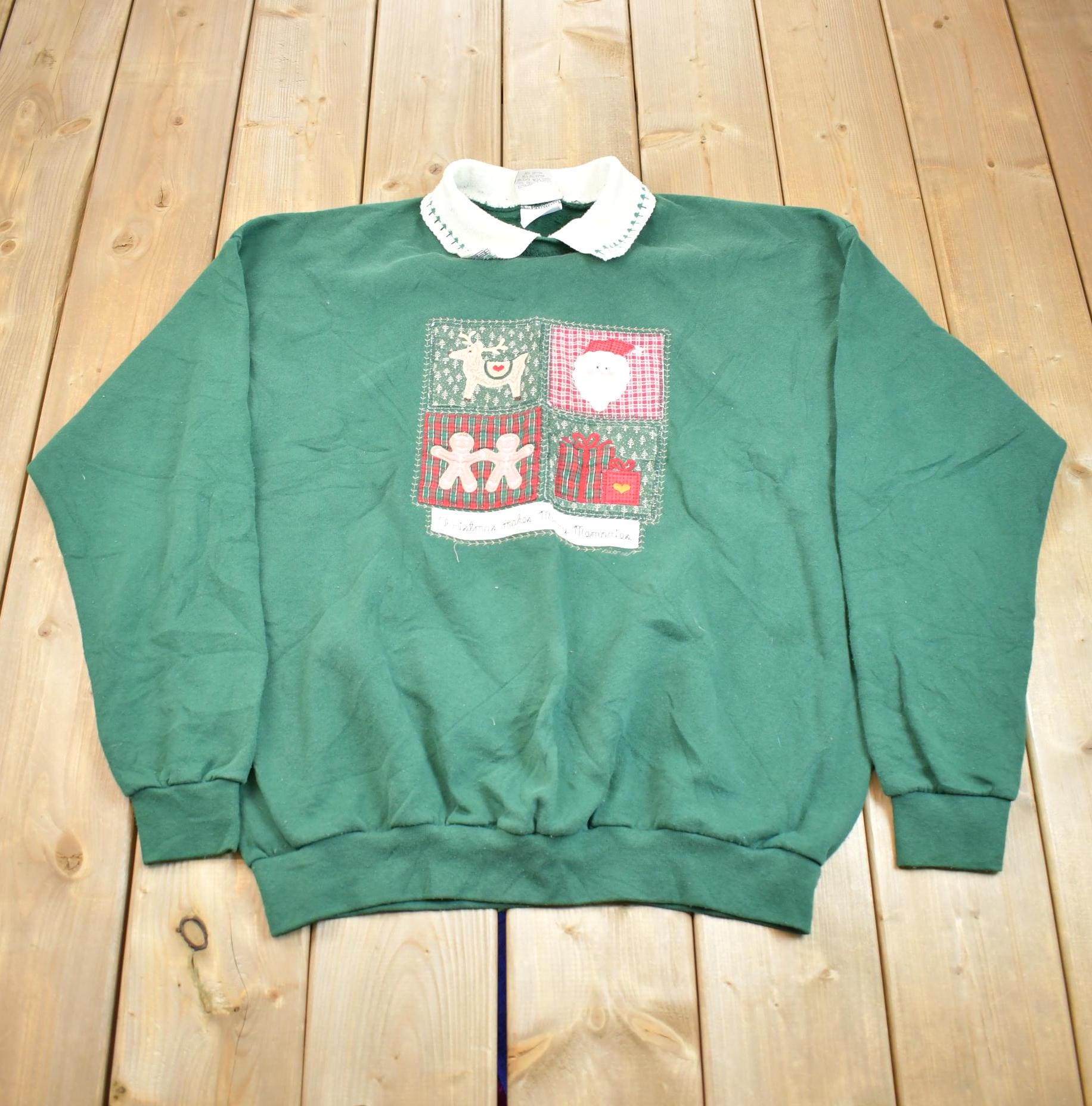 Vintage 1990s Folk Art Applique Christmas Time Embroidered Collard Crewneck Sweatshirt Made In USA