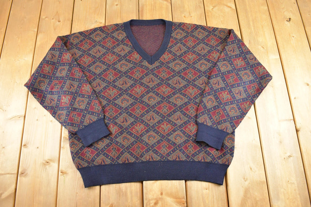 Vintage 1990s Knit V Neck Sweater Men's L / 90's Abstract Pattern 3D Knitted Sweatshirt