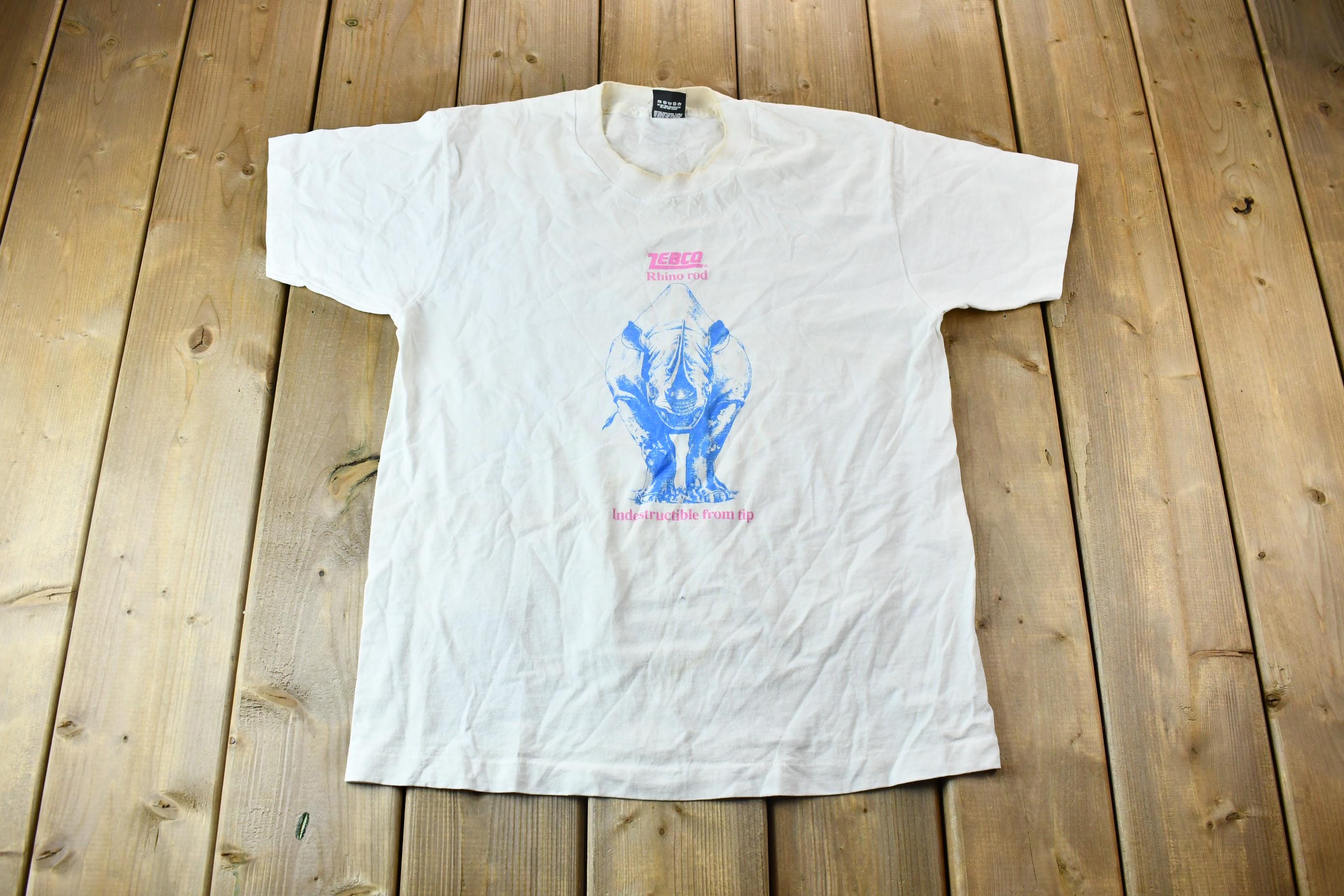 Vintage 1990s Zebco Rhino Fishing Rod Single Stitch Graphic Rhino T-Shirt