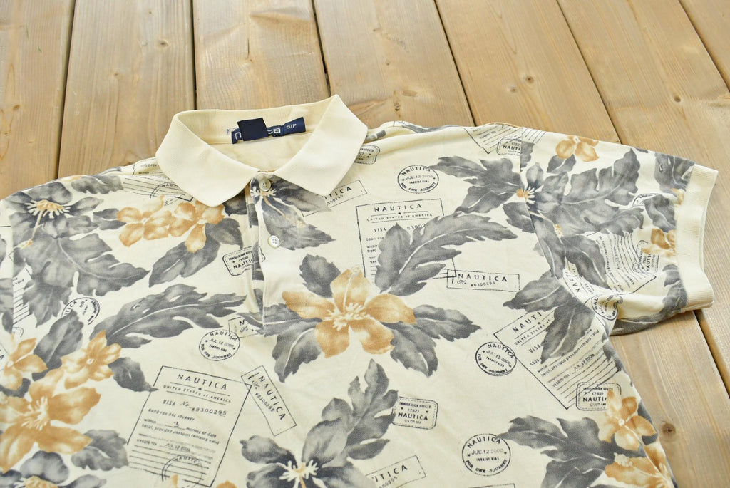 Vintage 1990s Nautica Floral Hawaiian Polo Shirt Men's L / Souvenir / Athleisure / Streetwear / Preppy / Nautical Sailing