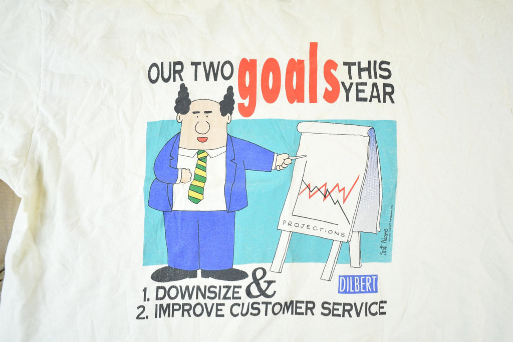 Vintage 1990s Dilbert Our Two Goals This Year Souvenir T-Shirt Mens L