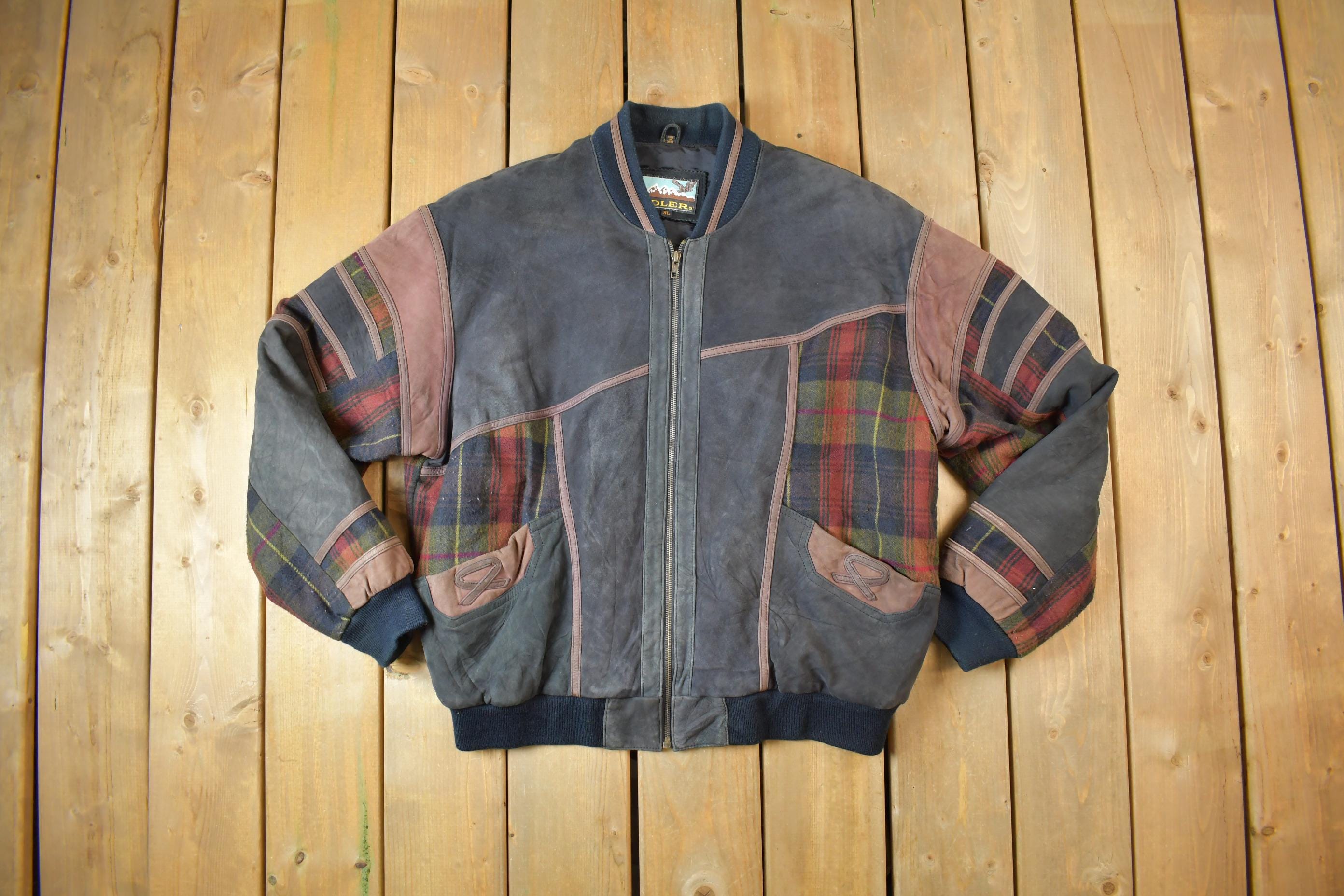 Vintage 1990s Adler Suede Plaid Bomber Jacket