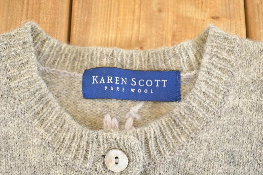 Vintage 1990s Karen Scott Wool Knit Floral Cardigan Sweater Womens L / Abstract Pattern 3D / 90s Knitted Top