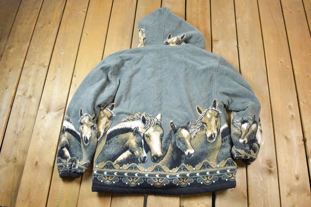 Vintage 1990s All Over Print Horses Medium Weight Fleece Hooded Zip Up Jacket