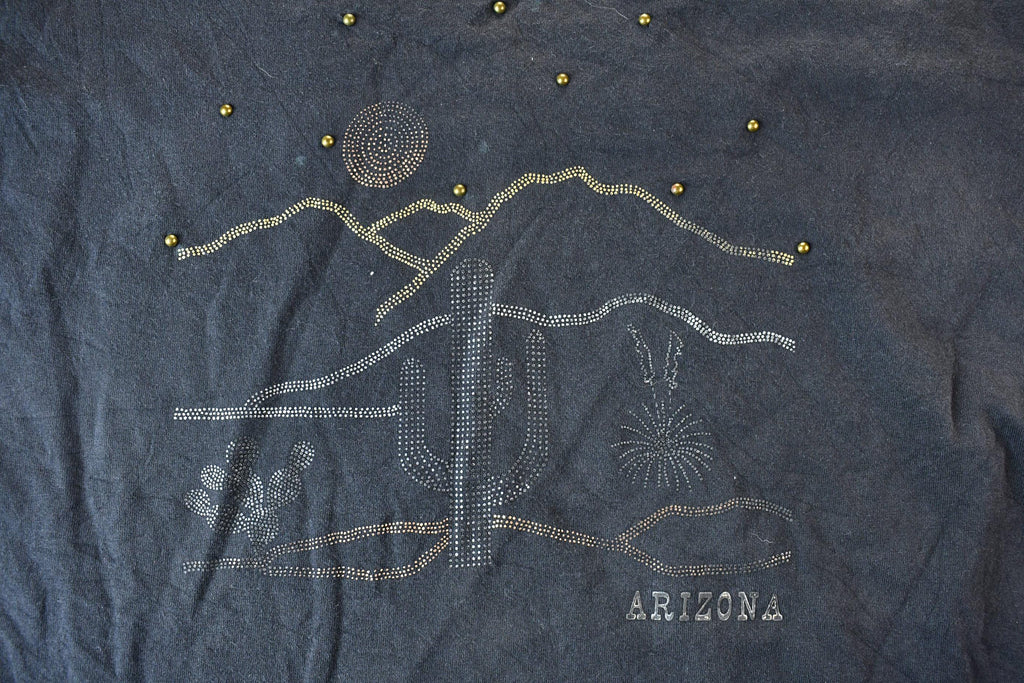 Vintage 1990s Bead and Rhinestone Embroidered Cuffed Sleeved Souvenir Arizona Western Vista Graphic T-Shirt