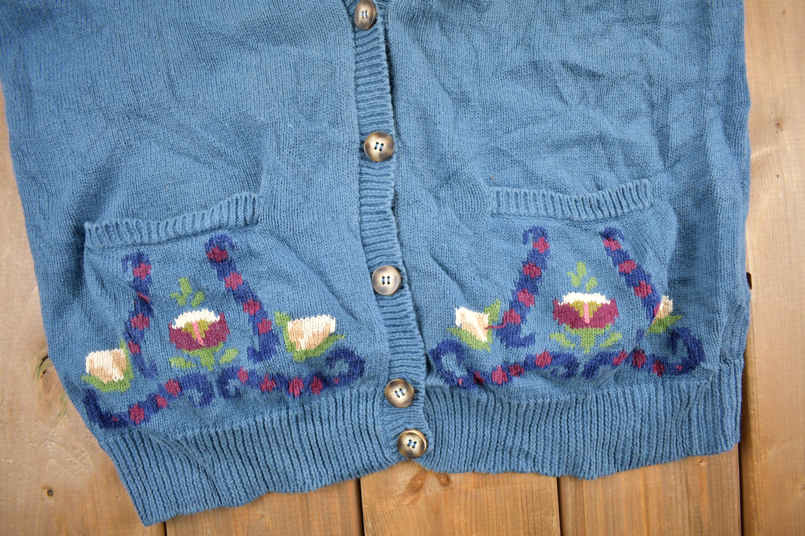 Vintage 1993 Susan Bristol Floral Embroidered Knit Cardigan