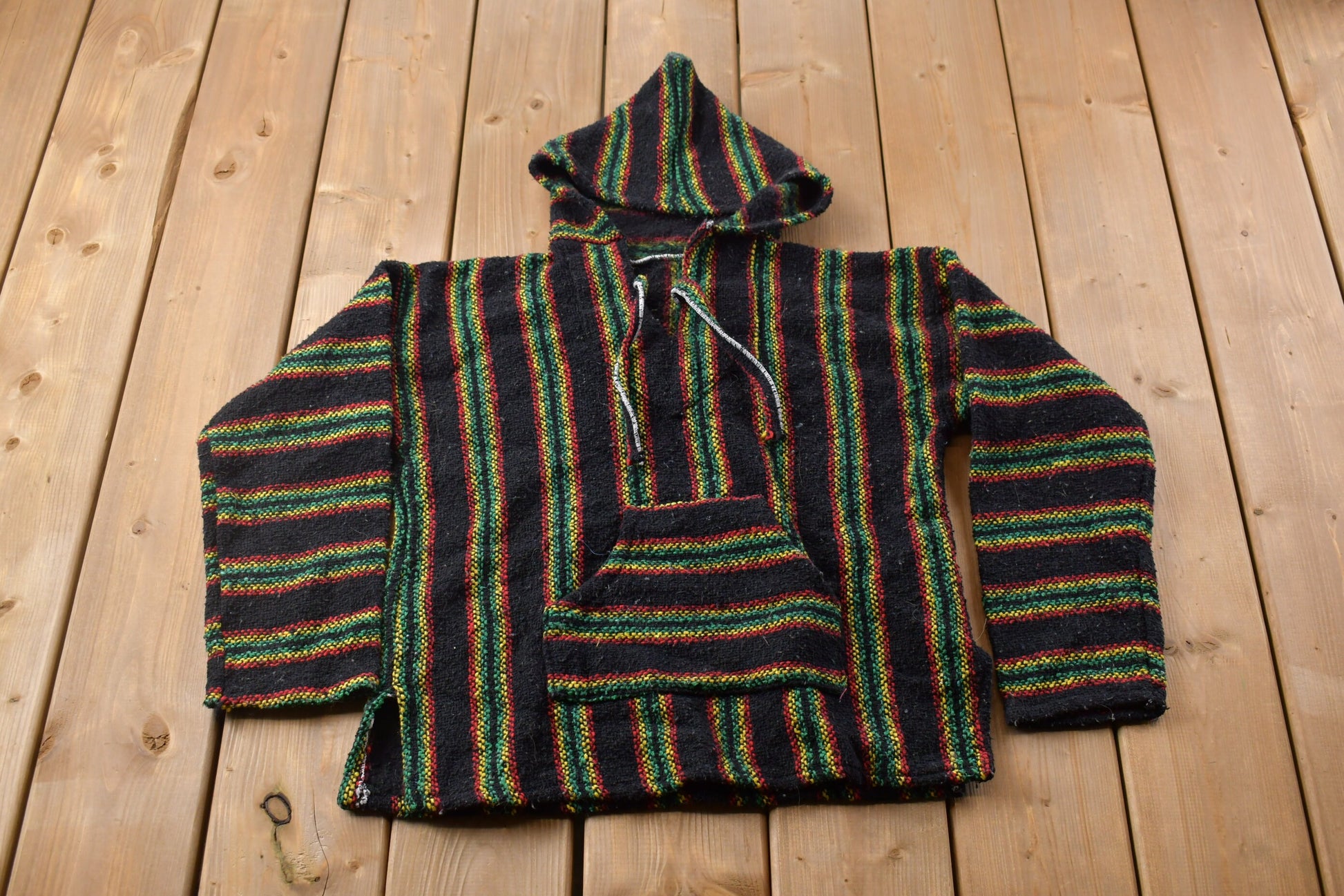 Vintage 1990s Baja Hooded Pullover Striped Knit Poncho Blanket Hoodie