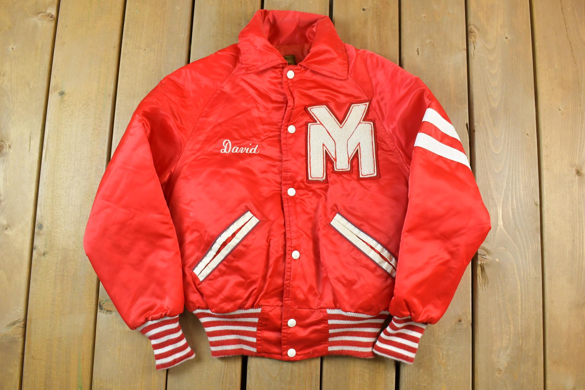 Vintage 1970s YM York Mills Youth Snap Button Satin Embroidered Jacket Made In USA