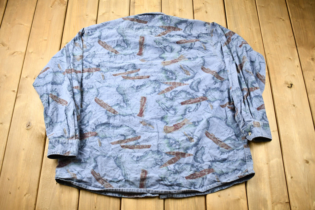 Vintage 1990s Canoe Graphic All Over Print Button Up Shirt