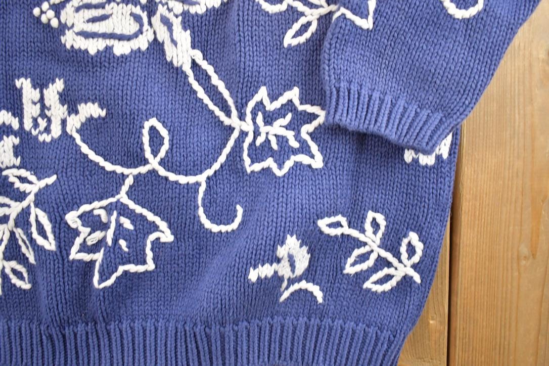 Vintage 1990s Eddie Bauer Floral Knit Crewneck Sweater  90s Crewneck  Preppy