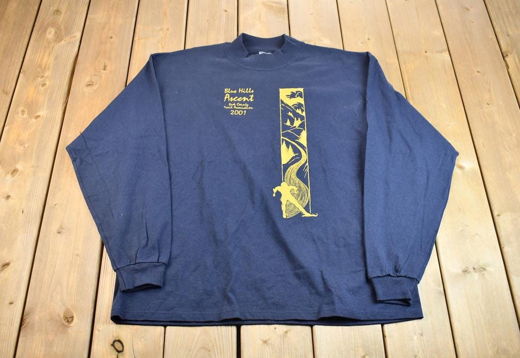 Vintage 2001 Navy Blue Cotton Deluxe Blue Hills Ascent Long Sleeve Graphic Mock Neck T-Shirt