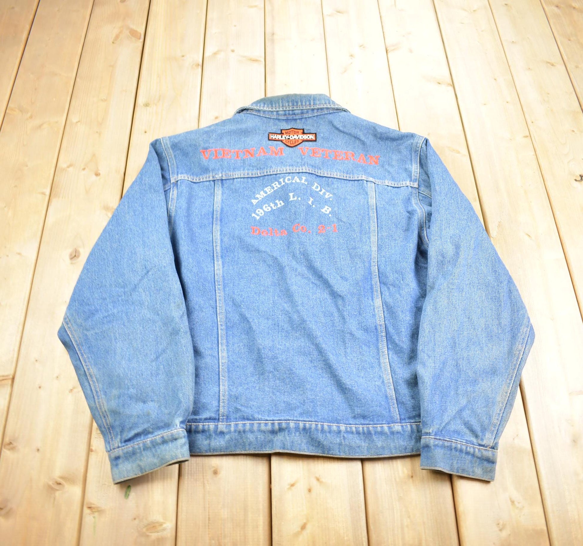 Vintage 1970s Wrangler Hero Vietnam Veteran Harley Davidson Embroidered Jean Jacket Made In USA