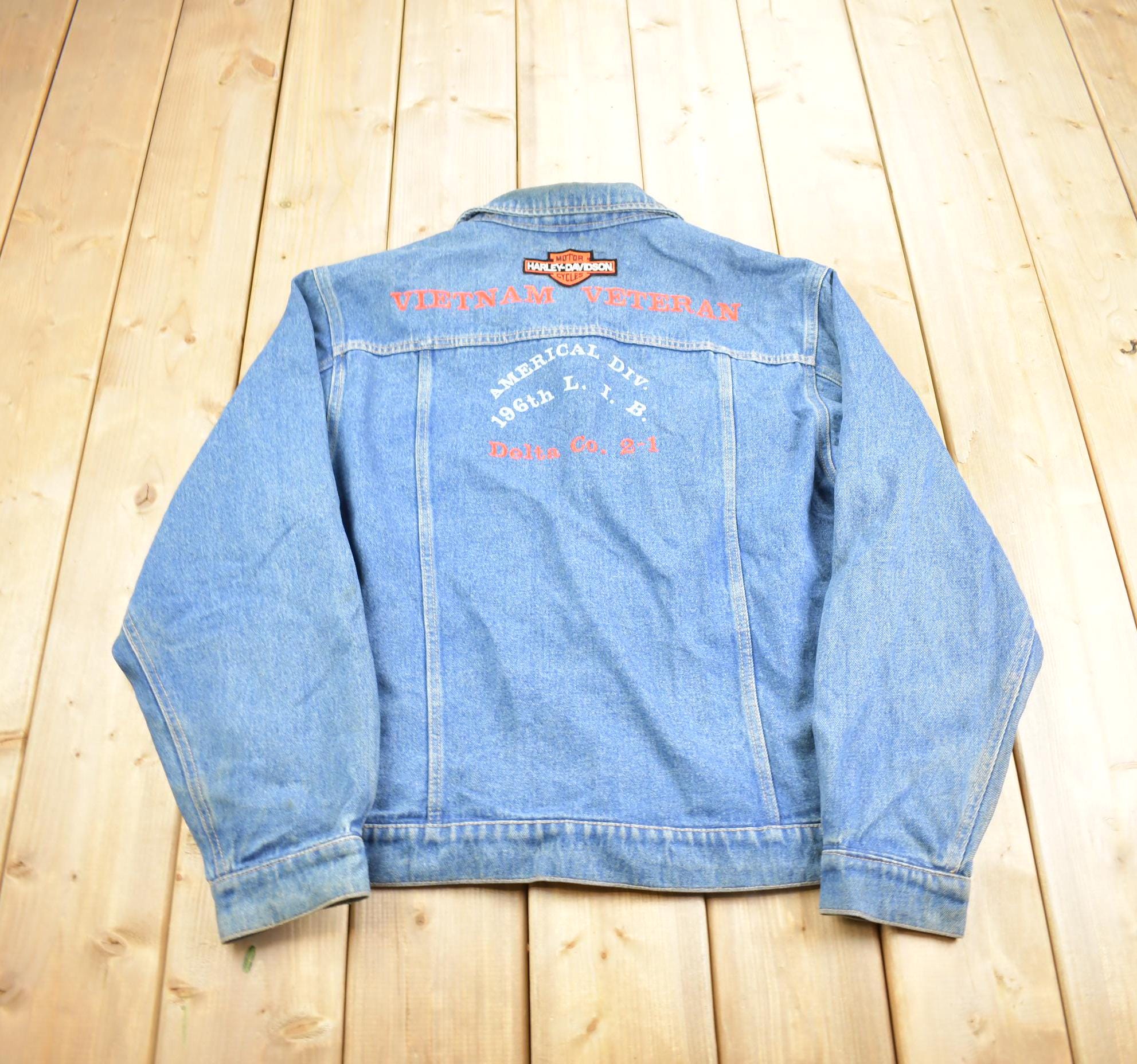 Vintage 1970s Wrangler Hero Vietnam Veteran Harley Davidson Embroidered Jean Jacket Made In USA