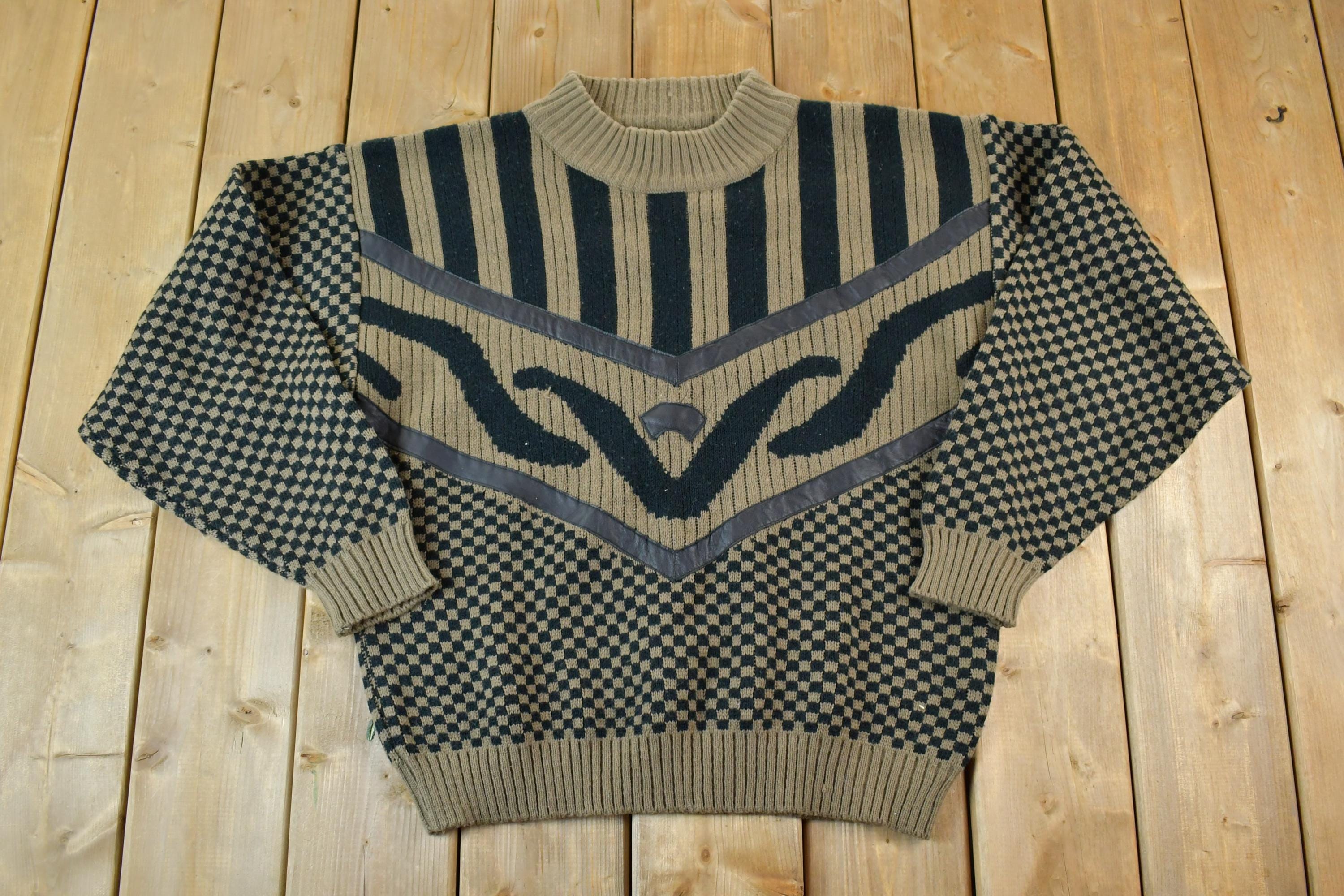 Vintage 1990s K Cosa Leather Patch Knit Crewneck Sweater