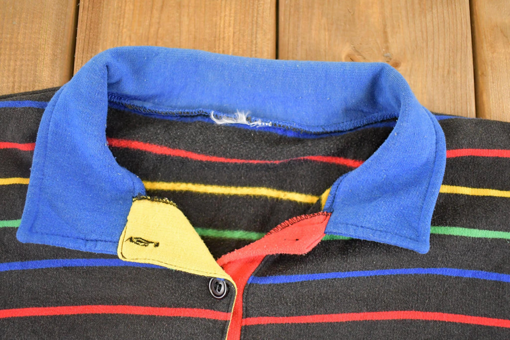 Vintage 1980s Striped Quarter Button Souvenir Crewneck Sweatshirt Men's XL
