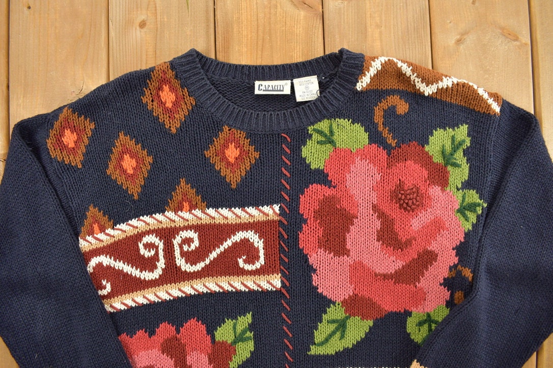 Vintage 1990s Patchwork Floral Knit Sweater / Vintage 90s Crewneck / Floral Abstract Pattern Print / Outdoors / Grandma / Vintage Cardigan