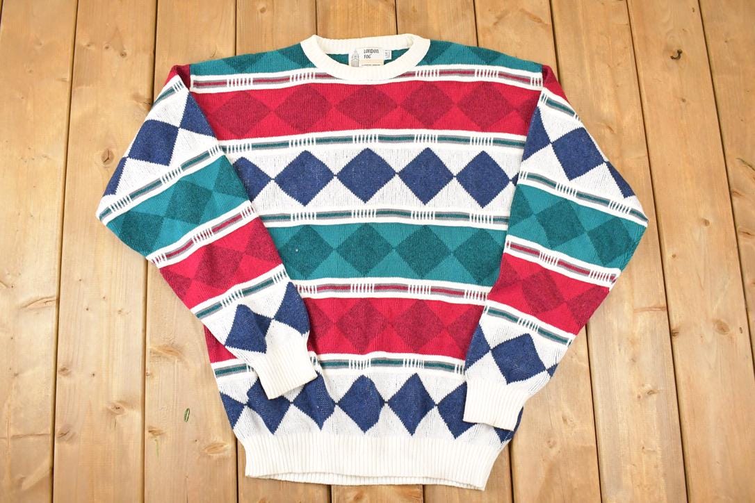 Vintage 1990s London Fog Argyle Abstract Christmas Knit Crewneck Sweater Mens L