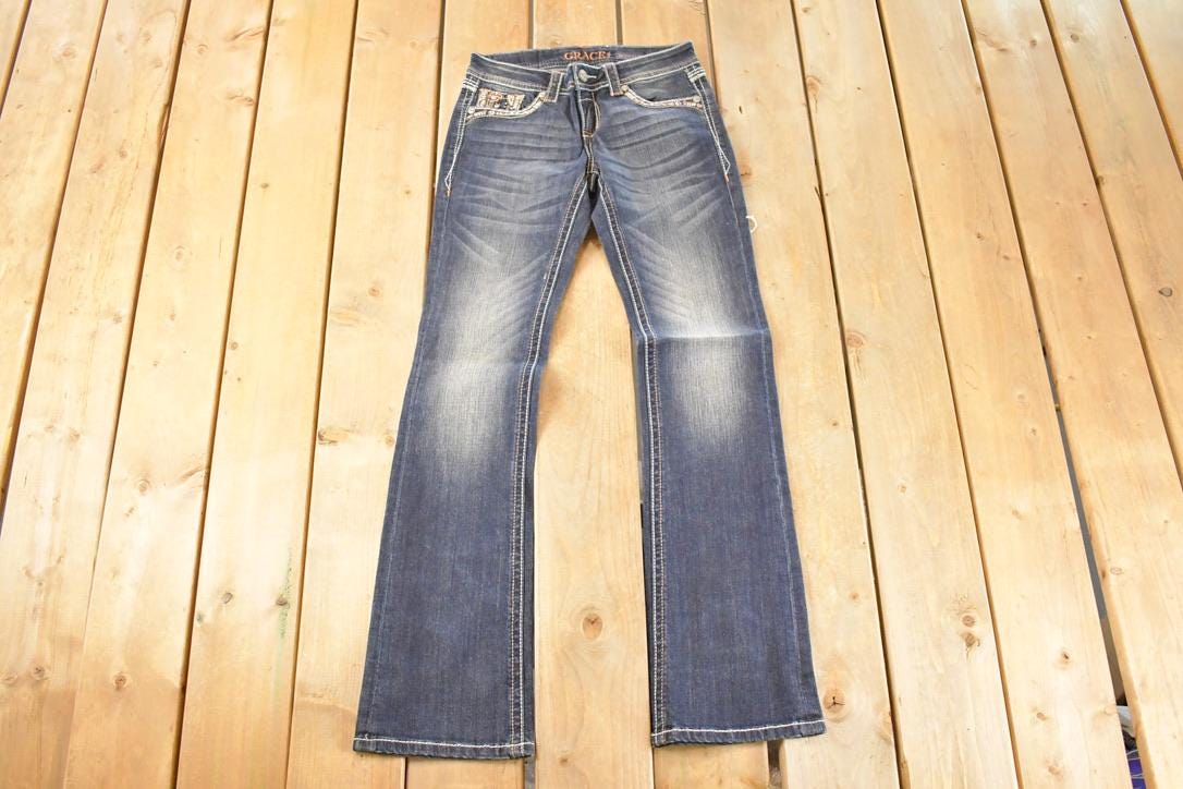 Vintage Deadstock Y2K Grace In LA Bedazzled Bootcut Low Rise Skinny Jeans Women's Size 27 x 32