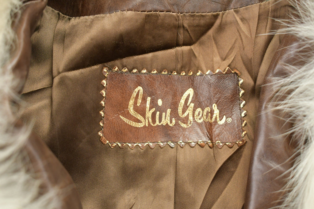 Vintage 1970s Leather Trench Coat With Fox Fur Collar