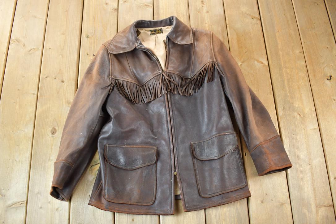 Vintage 1940s Bee Jay Leather Fringe Buckskin Riding Jacket Made In USA