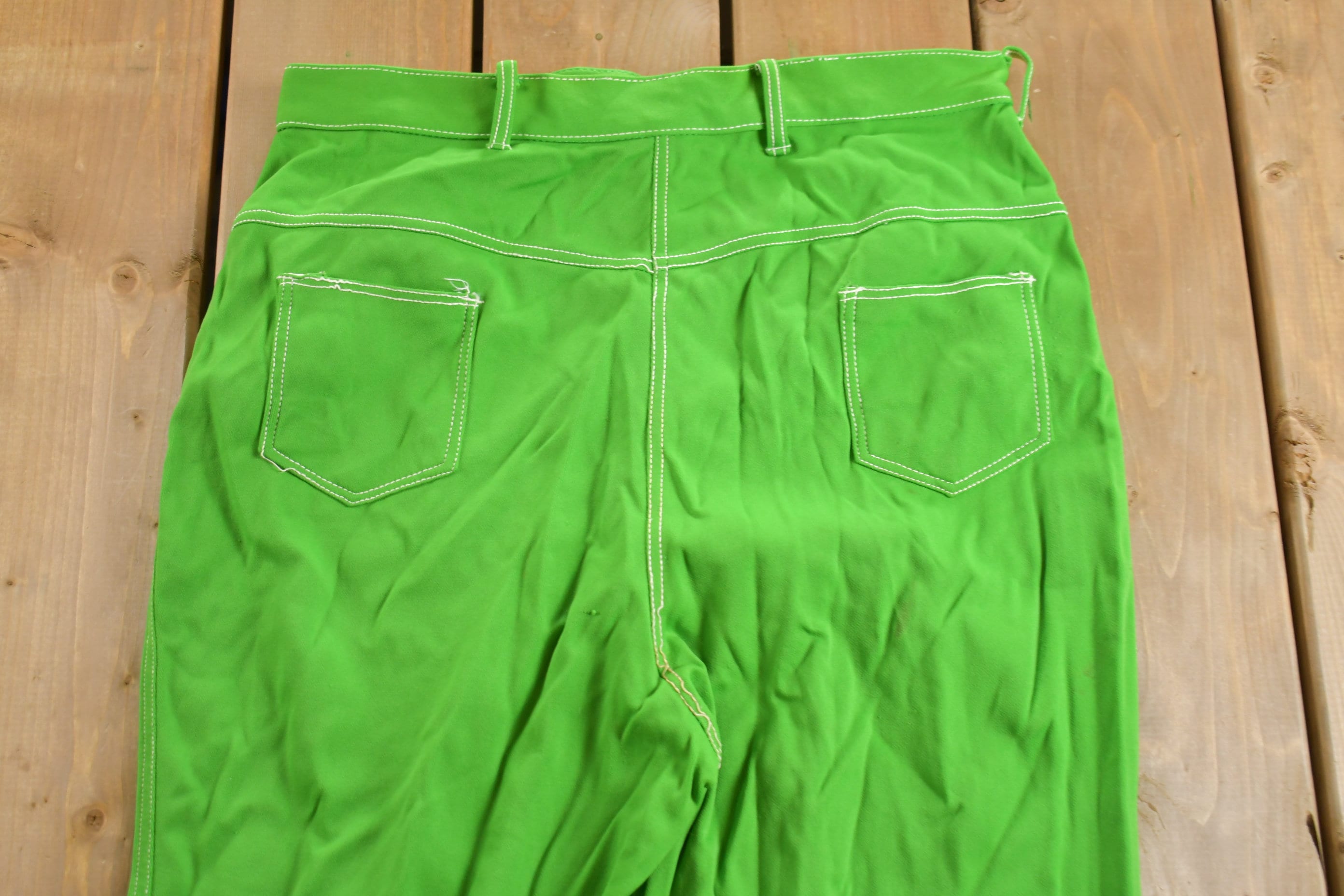 Vintage 1970s Neon Green Flared Trousers Size 32 x 29