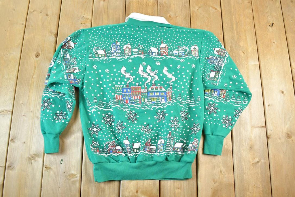 Vintage 1990s Christmas AOP Collared Crewneck Sweatshirt Made In USA Mens M
