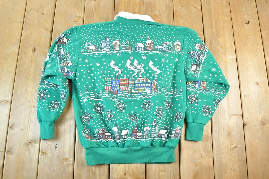 Vintage 1990s Christmas AOP Collared Crewneck Sweatshirt Made In USA Mens M