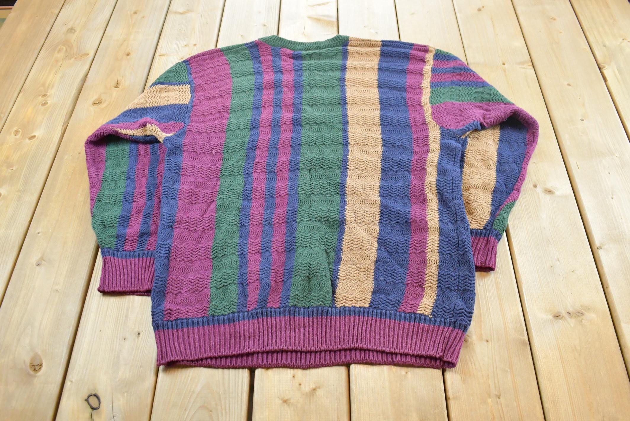 Vintage 1980s Whitney Square Striped Textured Knit Crewneck Sweater Mens L